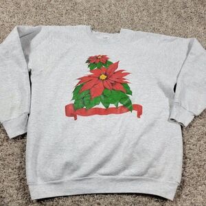 Vintage Fruit Of The Loom Sweatshirt Adult XL Gray Christmas Poinsettia Holiday